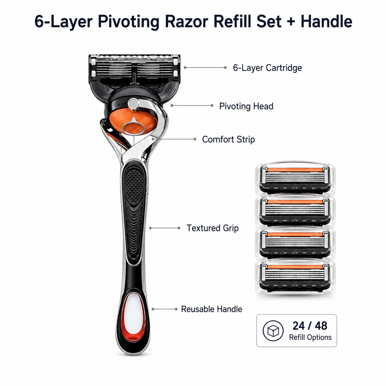 🔥Hot Sale 50% OFF 🎁6-Layer Pivoting Razor Refill Set + Handle – Ultra-Sharp Stainless Blades for Smooth Shave