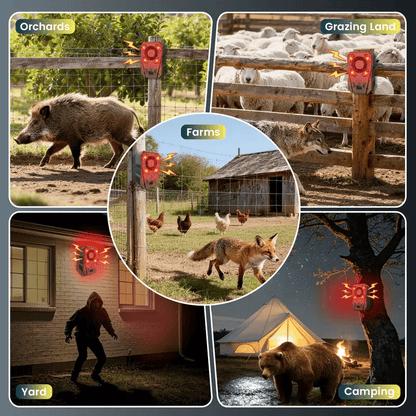 Solar Powered Outdoor Animal Repeller, 130dB Motion Sensor Alarm with Strobe Light, Custom Voice Recording, IP65 Waterproof Wildlife Deterrent for Farm, Yard, Garden, Driveway