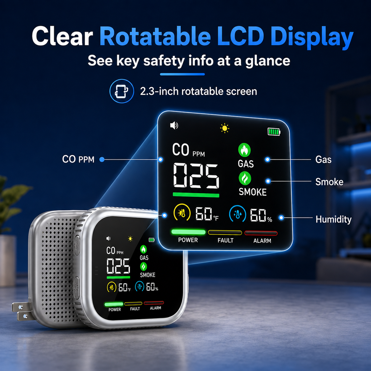 Portable Multi-Gas Alarm with LCD Display & Battery Backup