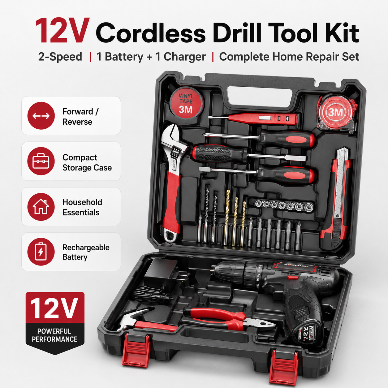Tool kit with 12V Cordless Power Drill Driver Toolbox Storage Case with Drawer