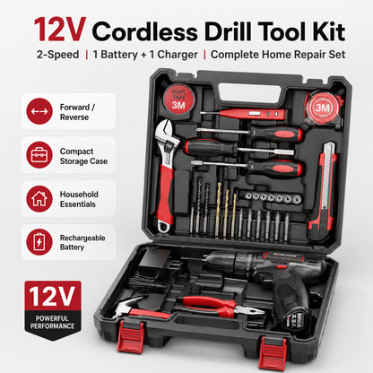 Tool kit with 12V Cordless Power Drill Driver Toolbox Storage Case with Drawer