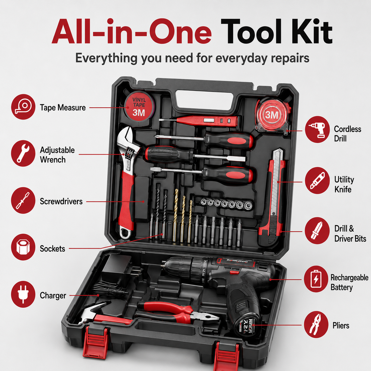 Tool kit with 12V Cordless Power Drill Driver Toolbox Storage Case with Drawer