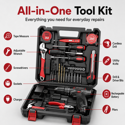Tool kit with 12V Cordless Power Drill Driver Toolbox Storage Case with Drawer