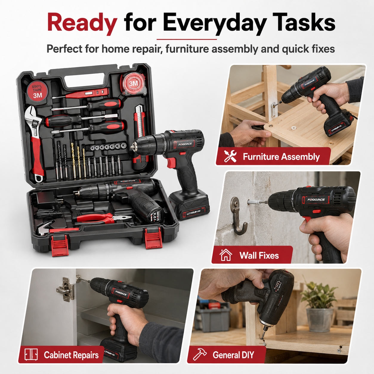 Tool kit with 12V Cordless Power Drill Driver Toolbox Storage Case with Drawer