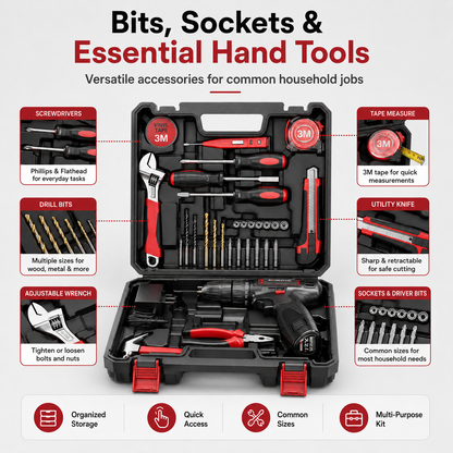 Tool kit with 12V Cordless Power Drill Driver Toolbox Storage Case with Drawer